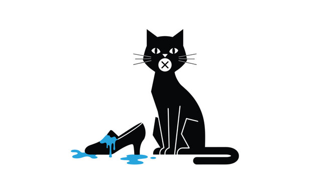 Mischievous black cat sitting next to a high-heeled shoe that has been stained with a spilled bright blue liquid on a white background.
