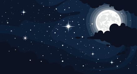 Naklejka premium Beautiful night landscape with a full moon, dark clouds, and many bright stars shining in a deep blue cosmic sky.