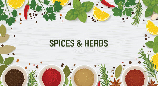Top view border of fresh herbs, spices, and lemon slices on a light wooden background with central text space.