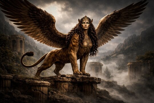 Greek mythological sphinx with a female face, lion's body, and large wings spread over ancient ruins in a dramatic landscape; a fantastic legendary creature in an epic composition