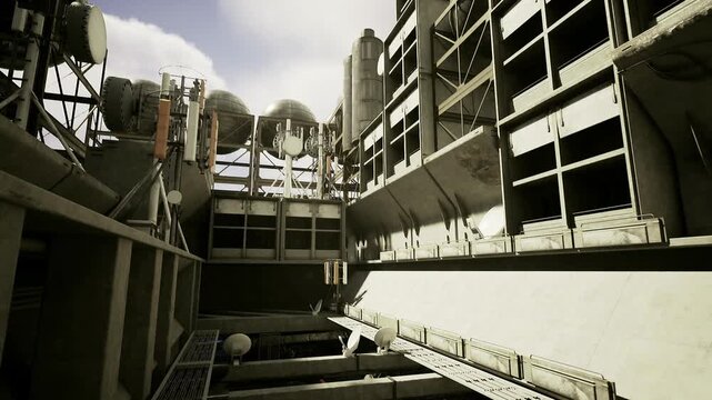 Concrete construction shaft looking skyward, deep geometric pit with layered walkways and exposed rebar, temporary scaffolding and steep shadows, stark sunlight