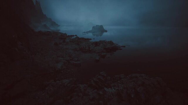 Tidal reef expanse with shallow pools and dark sea, distant islet under heavy sky, foreground textures emphasize exploration and solitude, cinematic cool tones.