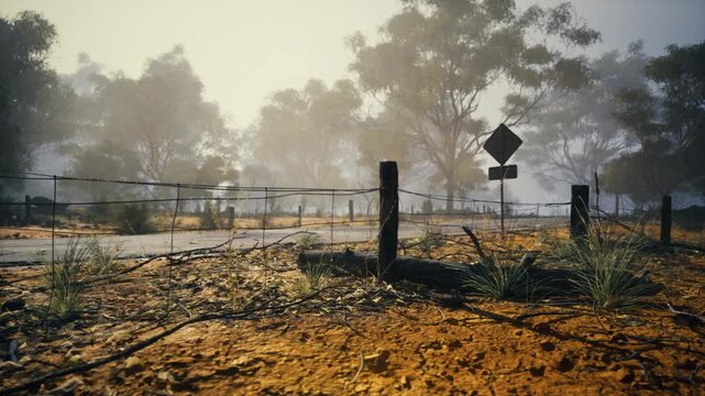 Foggy crossroads dirt path with sign, low fence posts framing intersection, hazy trees and muted sunlight, sense of stillness and directional ambiguity