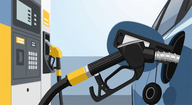 A close-up view of a fuel nozzle dispensing gasoline into a car's fuel tank at a gas station.