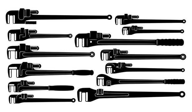 Pipe wrench silhouettes vector set with plumbing tools isolated on white background