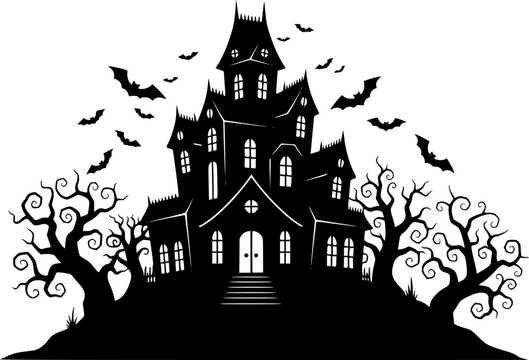 Spooky black and yellow silhouette of a haunted mansion with gnarled trees and bats, minimalist Halloween horror and night mystery vector isolated on white.