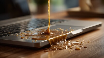 Fototapeta premium Coffee spills onto a silver laptop keyboard on a wooden table, liquid pooling around the device with a blurred background of soft natural light