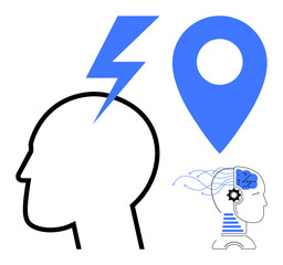 Fototapeta premium Innovation, technology, problem-solving, location intelligence, artificial intelligence, neural activity. A human head outline with a lightning bolt, location pin and AI brain circuitry. Innovation