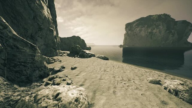 Hidden cove framed by rugged cliffs creating secluded shelter atmosphere for exploration and escape photography, scattered rocks, textured sand and muted sky