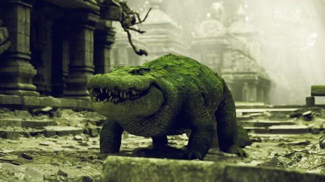 Mythic moss crocodile emerging from deep temple shadows into soft light, broad stance and toothy grin create uncanny blend of charm and menace, atmosphere rich