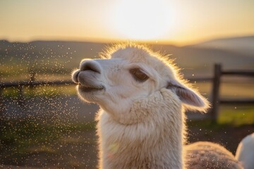 Fototapeta premium Close-up portrait of a white alpaca in golden sunlight, capturing the serene and dreamy atmosphere of a farm at sunset. This image is perfect for projects related to agriculture, wildlife, and