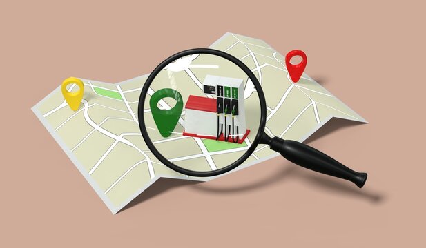 Carte routi&egrave;re avec loupe et pompe &agrave; essence, concept de localisation de stations-service et recherche de carburant &agrave; proximit&eacute;
