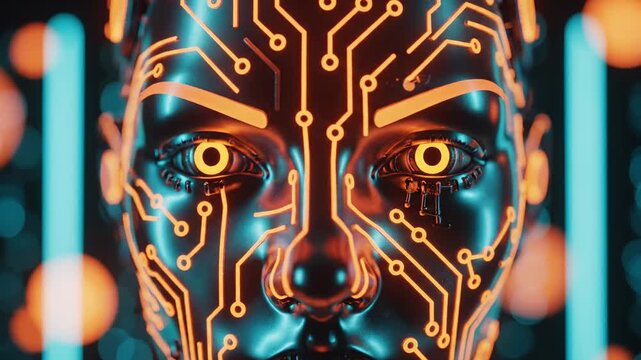 Futuristic AI Humanoid Face with Glowing Orange Circuit Board Patterns for Technology and Science Fiction Concepts.