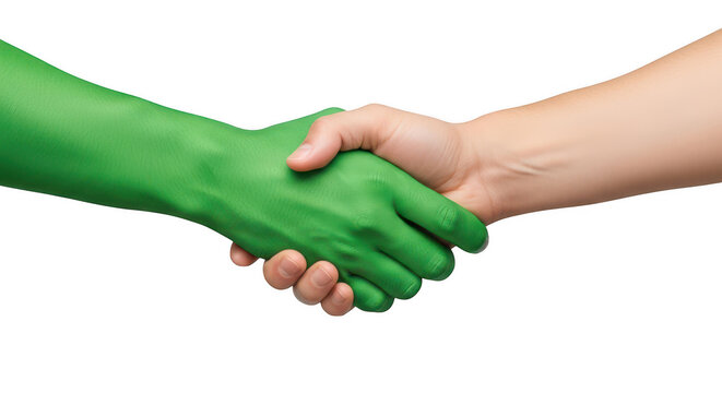 A green handshake between two differently colored hands symbolizing partnership or agreement. isolated on transparent background