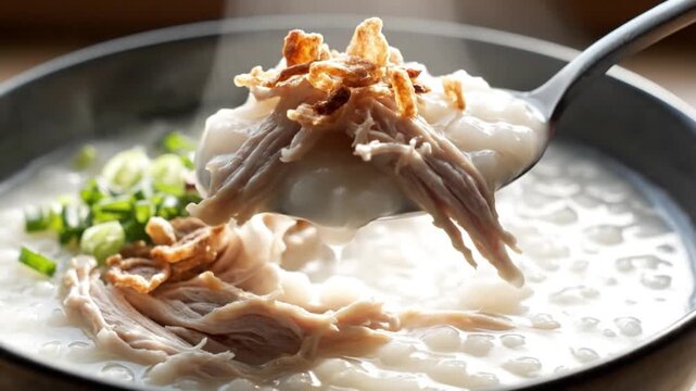 A steaming spoonful of congee with shredded chicken and crispy shallots being lifted from a bowl.