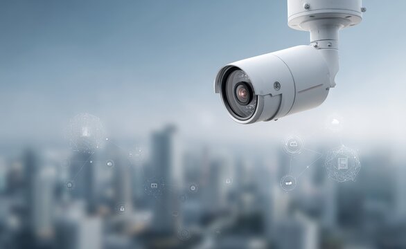 High-tech security camera with biometric capture interface and global network connections, blue digital interface overlay, representing advanced cybersecurity and smart city surveillance.