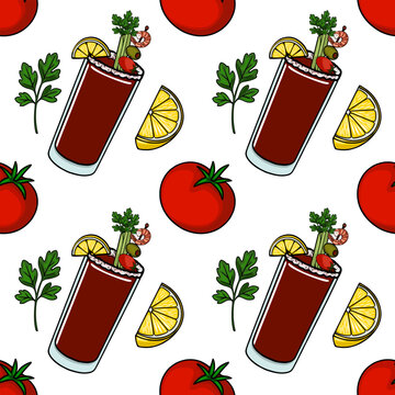 Seamless vector pattern of Bloody Mary cocktails with tomatoes, lemon slices, shrimp, olives, and parsley