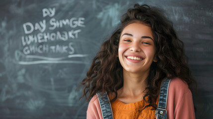 Obraz premium Joyful young woman smiling broadly for education, lifestyle, and youth marketing content.