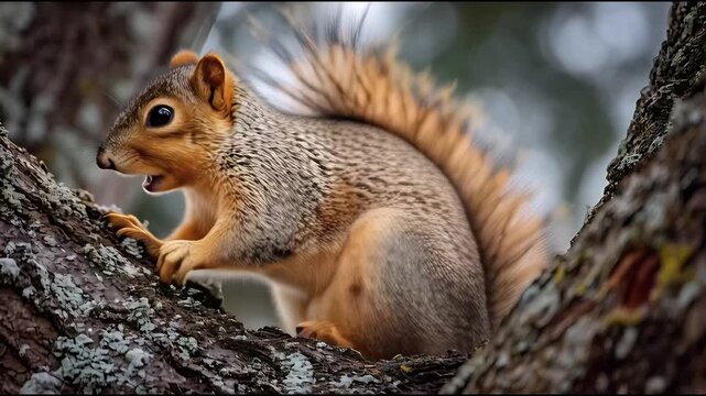 An alert wild squirrel with a magnificent bushy tail perches attentively on a rugged tree branch, showcasing its natural beauty and lively presence