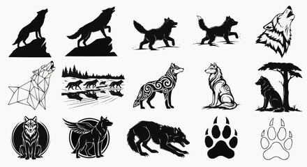 Obraz premium Collection of wolf silhouettes and illustrations