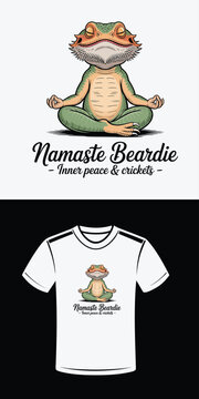 Bearded dragon meditating in lotus pose with text Namaste Beardie lizard reptile