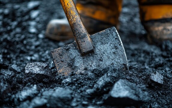 A coal miner using a heavy iron pickaxe to break and crush large black coal pieces on a dusty ground. Labor, industrial, and resource extraction concept.
