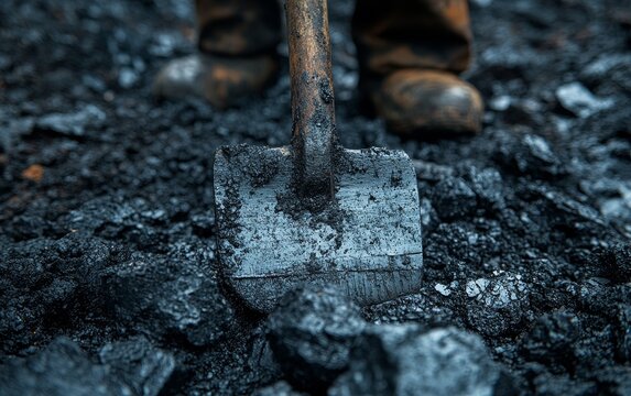 A coal miner using a heavy iron pickaxe to break and crush large black coal pieces on a dusty ground. Labor, industrial, and resource extraction concept.