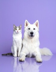 Fototapeta premium A cat and a white dog pose together on a vibrant purple background