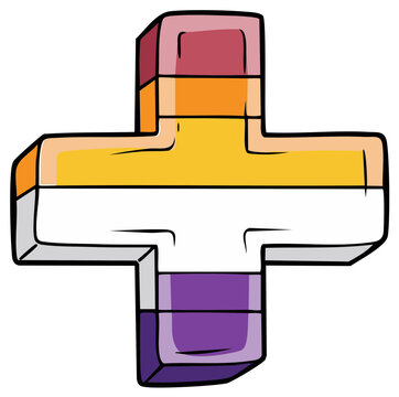 Bold 3D plus symbol with nonbinary pride flag colors and bold outlines