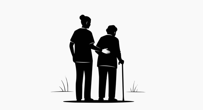 A woman helps an elderly person with a walking stick