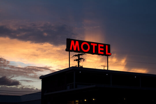 Retro Neon Motel Sign at Sunset on East Colfax Denver Colorado