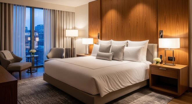 Elegant bedroom interior design with bed lamps and window view