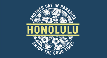 Obraz premium Modern Honolulu Design with Floral Element against a Dark Blue Background, suitable for travel, tourism promotions, and social media content.