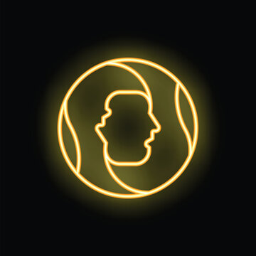 Yellow neon sign representing the gemini zodiac sign, with two faces forming a circle on a black background