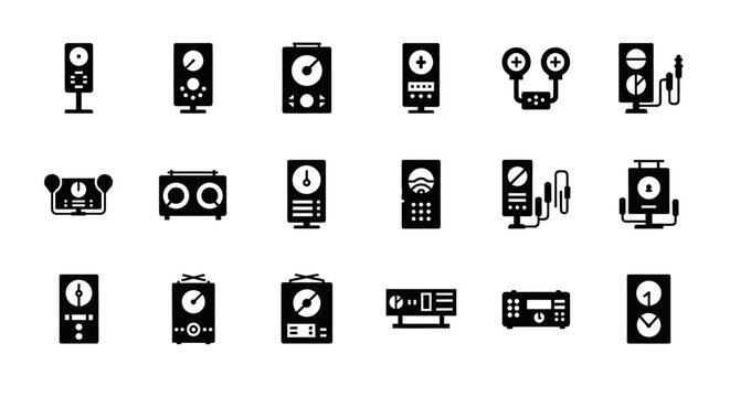 Collection of Electronic Measurement Devices Icons: Voltmeters, Ammeters, Oscilloscopes, and More