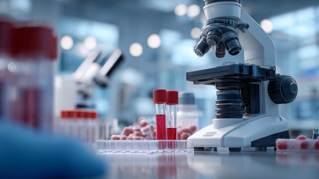 Close-up of blood sample tube and microscope in a clinical laboratory, representing clinical testing sample processing and diagnostic analysis.