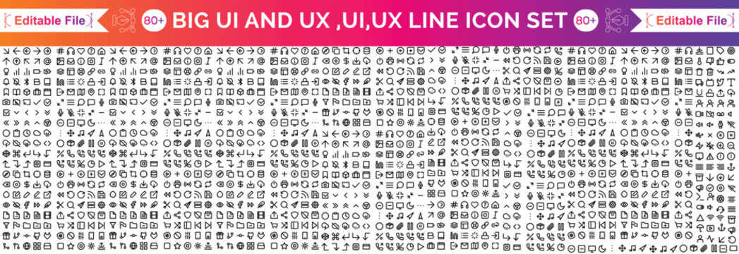 UI UX line icon set. Vector linear UI UX icons for web design and application. UI and UX big bold line icons kit. UI and UX linear vector icon set for user interface designs.