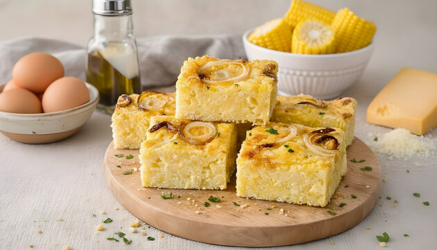 Paraguayan soup on a rustic kitchen table. A typical Paraguayan dish made with cornmeal, eggs, onions, and cheese. Despite the name "soup," it is not a liquid dish, but a solid cake.