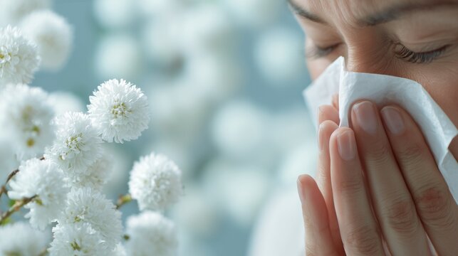 Person sneezing with tissue near pollen-bearing flower head, representing allergy diagnostic, antihistamine testing and treatment concept.
