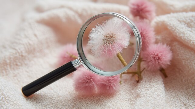 Magnifying glass over pink dried flower on soft fabric representing allergy diagnostic and pollen count concept.