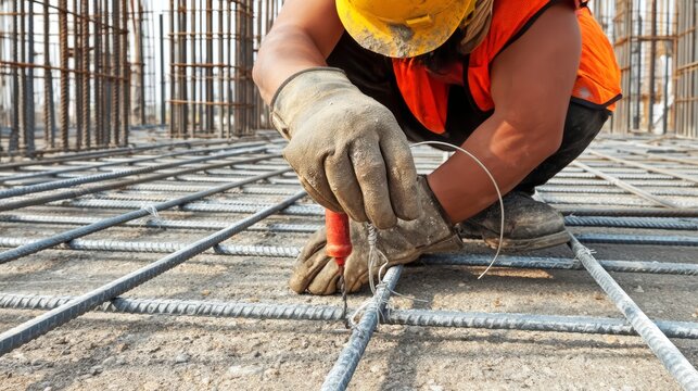 Construction worker tying steel rebar intersections with a wire reel tool.