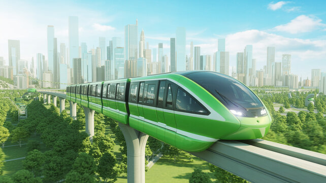 green monorail train on elevated track in city  modern transportation system