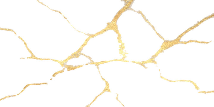 Abstract gold kintsugi cracks on white background for luxury interior design and decoration