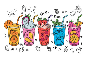 Fototapeta premium Fresh Fruit Juice Smoothie Set with Glasses, Healthy Drinks Illustration