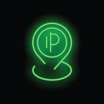 Green neon ip address location pin glowing on a black background showing internet protocol address