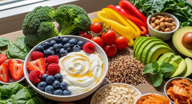 Colorful gut health foods showcase yogurt, berries, broccoli. Nutrient rich gut health foods include avocado, spinach, grains, bell peppers, almonds.