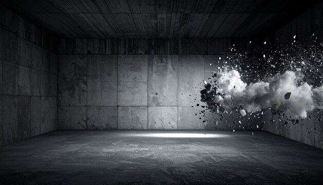 Conceptual abstract minimalist product display background featuring a textured brute concrete wall and a cluster of geometric blocks exploding conceptualizing innovation and modern construction.