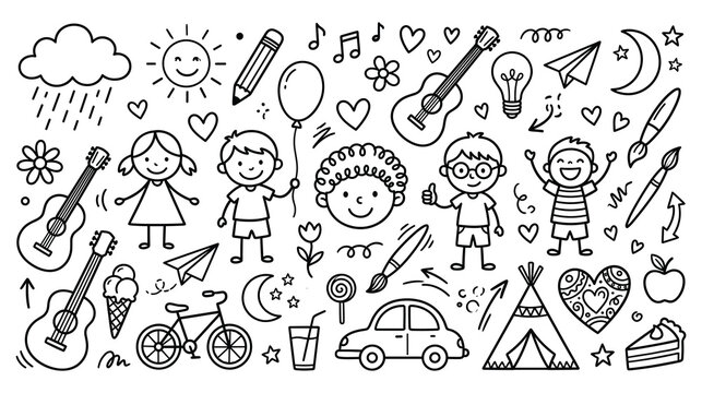 Line art doodle elements for kids happy childhood theme.