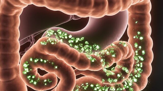 Visual representation of the human digestive system and gut bacteria, highlighting intestinal health and microbiome balance