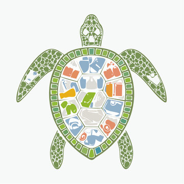 Turtle filled with plastic trash depicted in a flat illustration style